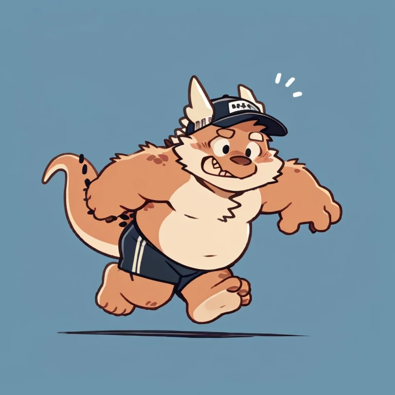 dragon face,Cute face,Humanity(dragon), (cap, running) , Chubby,(white eyebrows:1.1),(perfect black eyes),Simple background, Blue Background,print style。(Artist:Takemoto Arashi