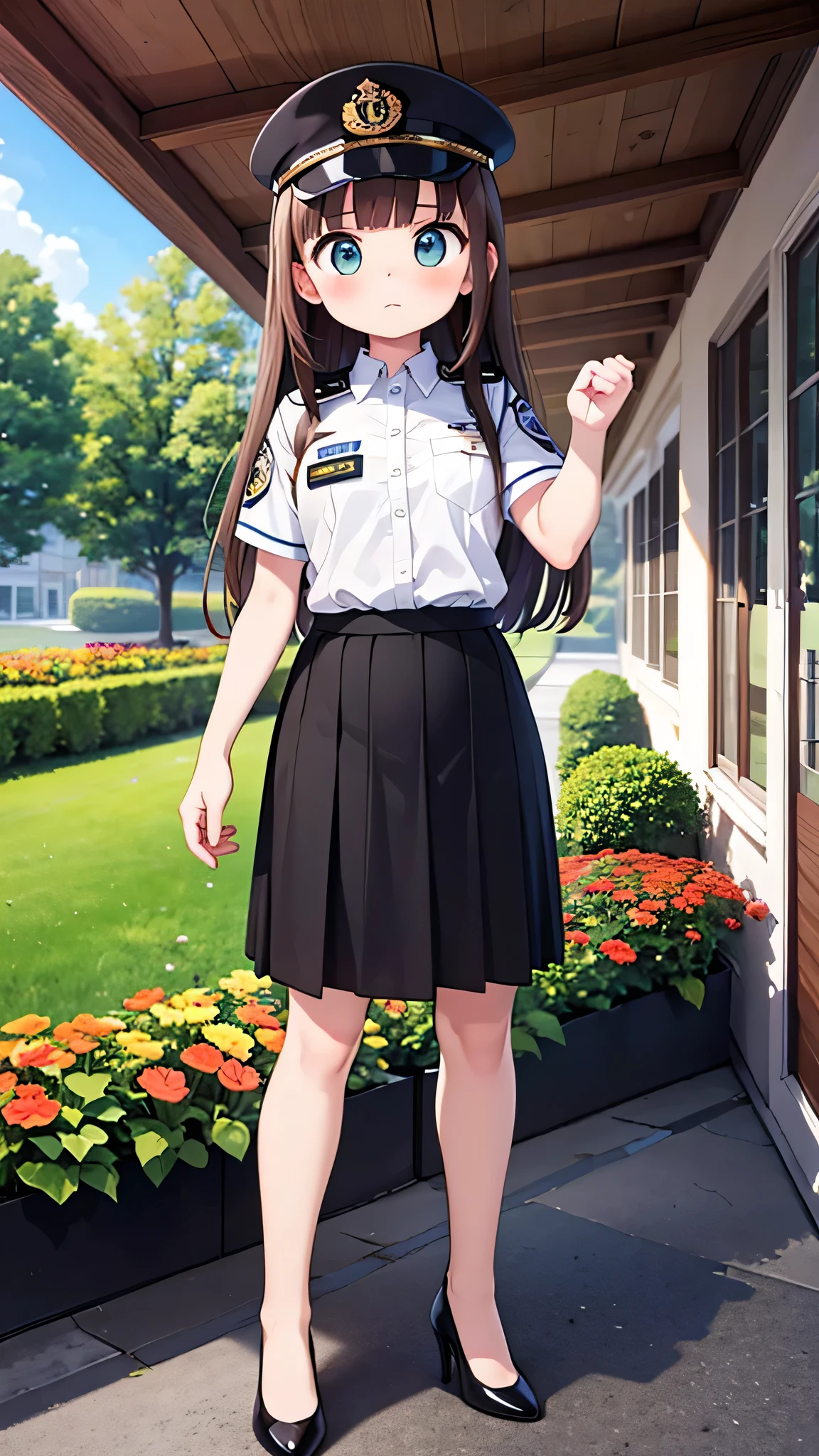 (masterpiece) {highest quality], [Super beautiful], [Ultra fine], [Best illustration], NSFW,Brown Hair, Princess Cut, Long Hair, With bangs, girl, Uniform cap,Security uniform,Straight Skirt,Angry face, blush, Slender women, Straight Skirt, Standing posture, （Public）garden, diagonal, From diagonal, Bare feet and pumps, Plain black pumps,Fall
