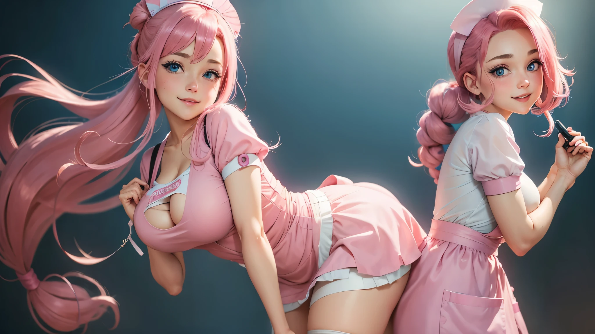 (masterpiece, Best quality:1.2), nurse joy, Pokemon, Blue eyes, closed mouth, long hair, Pink hair, short sleeves, nurse, blush, holding, puffy short sleeves,puffy sleeves, nurse cap, 1 Girl, I look at the viewer, smile, One, It has, dress, apron, Hair rings, clipboard, sexy, big breasts, stockings,