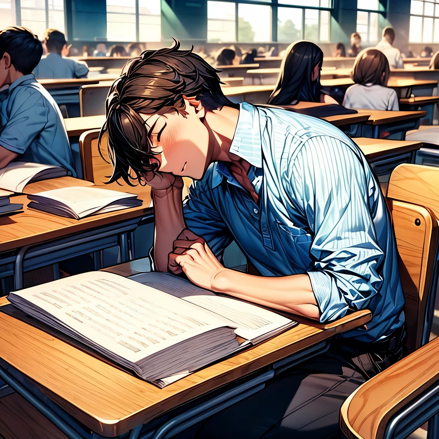 a male student napping on the desk in the crowded classroom, piles of books on the desk, UHD, anatomically correct, best quality, masterpiece, award winning, best hands, better face