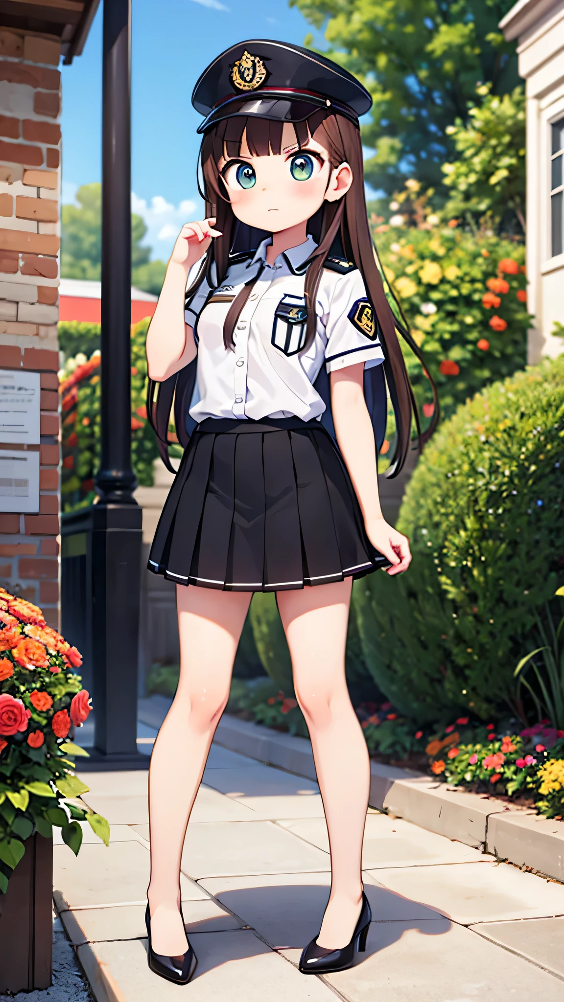 (masterpiece) {highest quality], [Super beautiful], [Ultra fine], [Best illustration], NSFW,Brown Hair, Princess Cut, Long Hair, With bangs, girl, Uniform cap,Security uniform,Straight Skirt,Angry face, blush, Slender women, Straight Skirt, Standing posture, （Public）garden, diagonal, From diagonal, Bare feet and pumps, Plain black pumps,Fall
