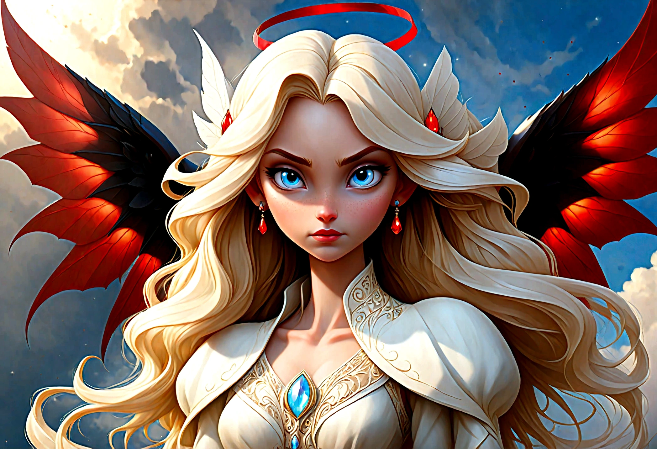 fantasy art, RPG art [[a picture of 2 women]], single1 female angel, wearing white dress, pale skin, beautiful face, blond hair, long hair wavy hair, blue eyes, high heeled boots, wearing a dress (Masterpiece, intricate details: 1.5), large angelic wings, white angelic wings spread [AND] a single1 female demon, red skin  demonic wings, black demonic wings spread, demonic horns, red skin, black hair, red eyes, beautiful face, wearing a dress (Masterpiece, intricate details: 1.5), high heels, in the border between heaven and hell, moon, stars, clouds, god rays, soft natural light silhouette, dynamic angle,  photorealism, panoramic view  Wide-Angle, Ultra-Wide angle, ultra best realistic, best details, 16k, [ultra detailed], masterpiece, best quality, (extremely detailed), photorealism, depth of field, hyper realistic painting