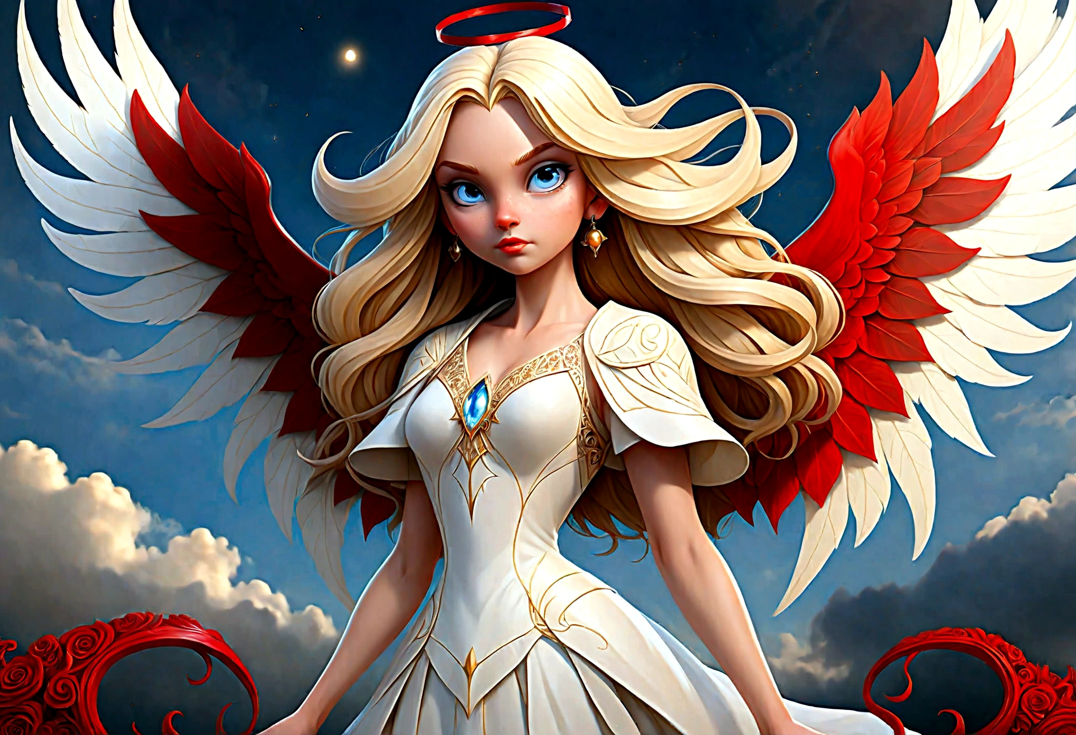 fantasy art, RPG art [[a picture of 2 women]], single1 female angel, wearing white dress, pale skin, beautiful face, blond hair, long hair wavy hair, blue eyes, high heeled boots, wearing a dress (Masterpiece, intricate details: 1.5), large angelic wings, white angelic wings spread [AND] a single1 female demon, red skin  demonic wings, black demonic wings spread, demonic horns, red skin, black hair, red eyes, beautiful face, wearing a dress (Masterpiece, intricate details: 1.5), high heels, in the border between heaven and hell, moon, stars, clouds, god rays, soft natural light silhouette, dynamic angle,  photorealism, panoramic view  Wide-Angle, Ultra-Wide angle, ultra best realistic, best details, 16k, [ultra detailed], masterpiece, best quality, (extremely detailed), photorealism, depth of field, hyper realistic painting