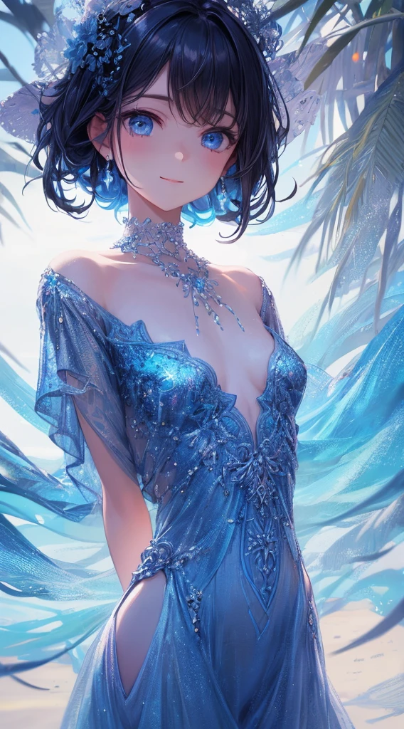 art by Cornflower,(master piece),(4k),high quality,(perfect anatomy),((arms behind back)),flat chest,1girl,beautiful blue hair,pale skin,beautiful smile,beautiful detailed blue eyes,light blue dress,multilayered outfit, (Highly detailed elegant), Magical colors and atmosphere, Detailed skin,The background is soft and blurry,Add a dramatic and symbolic element to your scene, Bokeh, Silky to the touch, Hyper Detail,in white beach,blue sky,soft pastel tones,cinematic lighting,cowboy shot