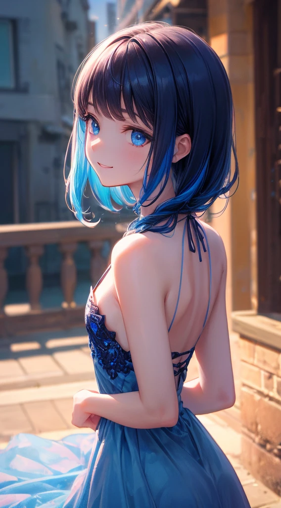 art by Cornflower,(master piece),(4k),high quality,(perfect anatomy),((arms behind back)),flat chest,1girl,beautiful blue hair,pale skin,beautiful smile,beautiful detailed blue eyes,light blue dress,multilayered outfit, (Highly detailed elegant), Magical colors and atmosphere, Detailed skin,The background is soft and blurry,Add a dramatic and symbolic element to your scene, Bokeh, Silky to the touch, Hyper Detail,in white beach,blue sky,soft pastel tones,cinematic lighting,cowboy shot