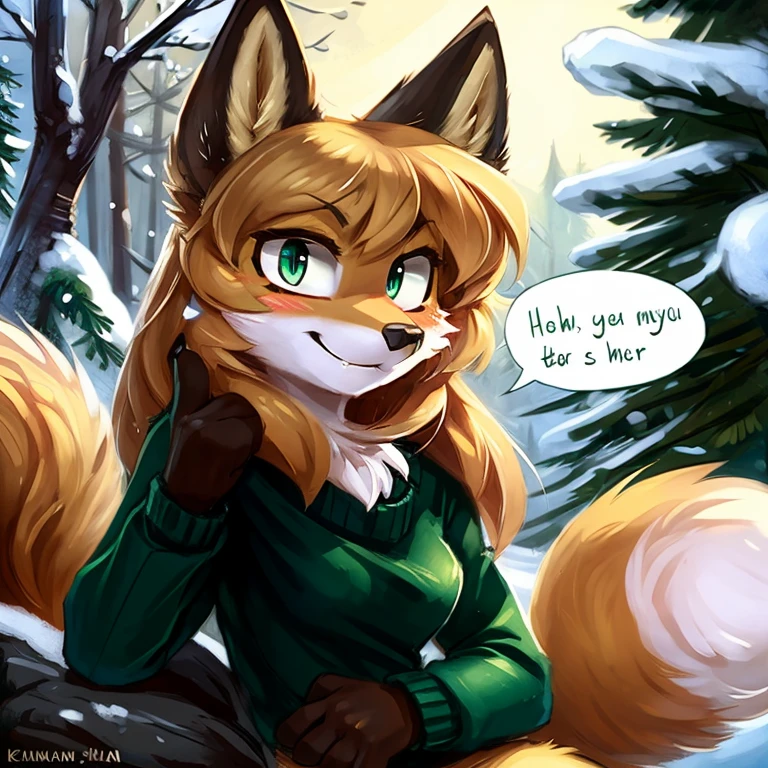 uploaded the e621, beautiful and detailed, woman (((female))) ((anthro)) Fox, (Averi, Fox girl), cinematic lighting, Fox, (anthro, fluffy fur), anthro fox girl, body fur, curvy, sexy, nice, cute, hot, comfortable anime-style cartoon-style, digital drawing, SFW, flat chest, chest fluff, blushing, green eyes, sassy, sassy hips, cute friendly smile, snow, forest, heart, hearts, speech bubble, looking at viewer, close up, sitting, sitting on a rock, Ross Tran, ruan jia, by Kenket, by zero-sum, green sweater