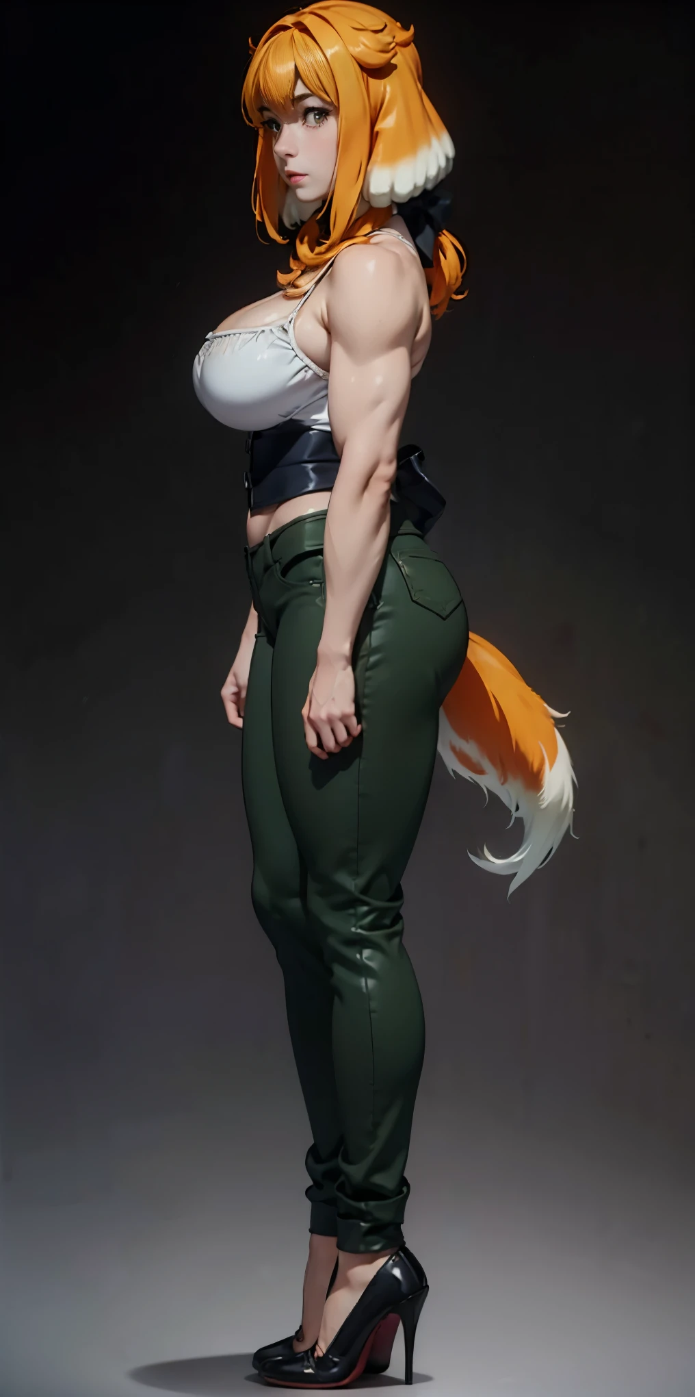 masterpiece, burly woman, exaggerated large muscles, skinny pants, high-heels, standing on your feet, beautiful attractive face, full body like, single female, very fair skin, thin waist, very broad shoulders, Strong and powerful arms, stout arms, strong and powerful leg muscles, looking to the camera, dog ears, fluffy dog ears