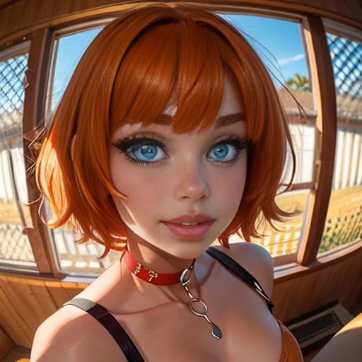 SFW, 1girl, big clear eyes, eye contact, (small breasts:1.2), red choker, wide view, parted lips, pulpy lips, bright orange hair, showing off the skirt, short messy hair, bangs, highly detailed, soft tones, extreme detail, no background, (detailed textures:1.1),  dramatic light, happy smile, high Depth Of Field, slight fisheye lens