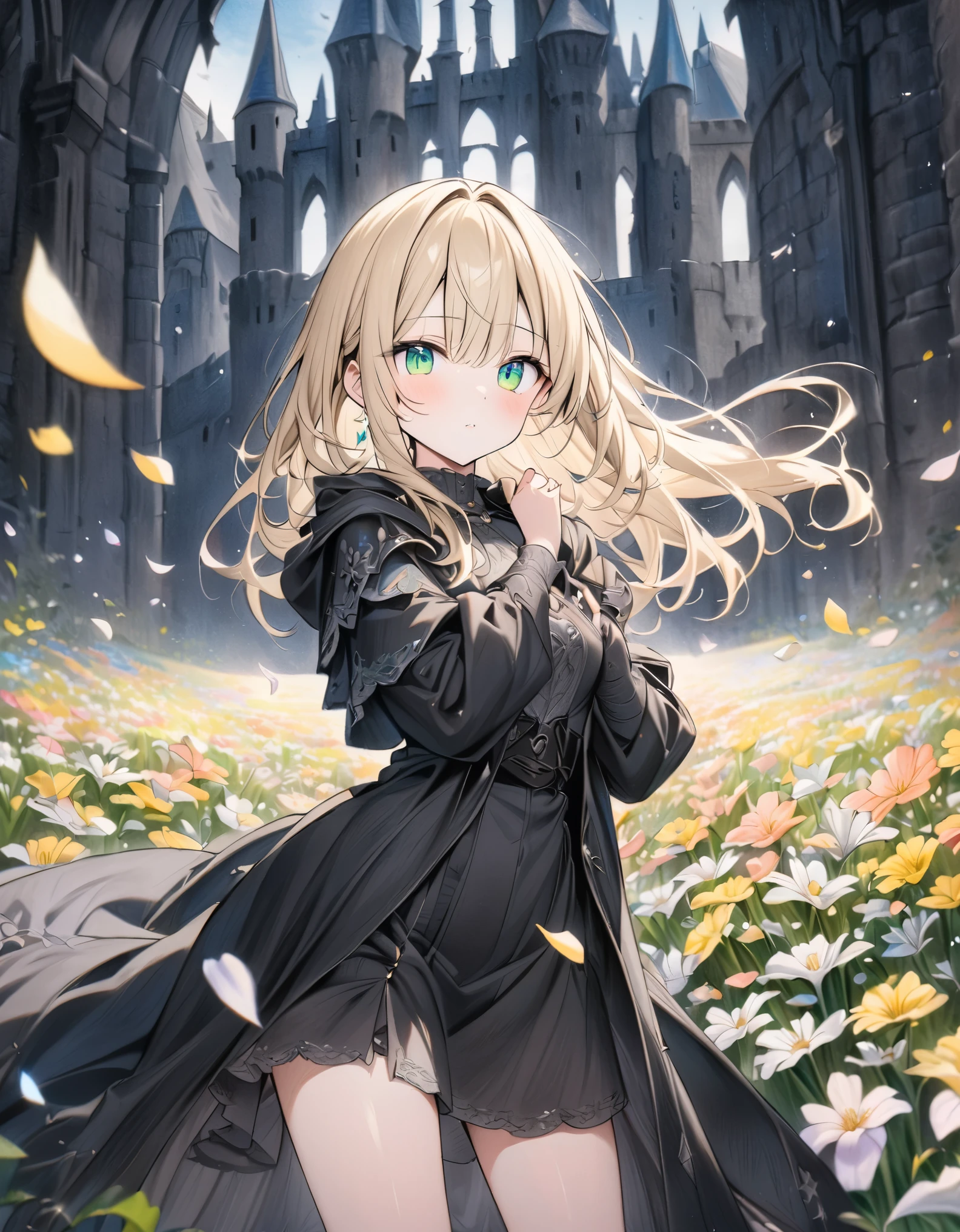 ((style:Colored pencil,pale colour)),(anime)、(masterpiece:1.2),Medieval fantasy world、Castle in the background、Black long coat、girl、Blonde、Emerald Eyes、Flower fields all around、The petals dance and shine、cute