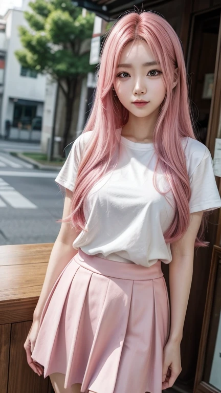 Korean woman, with long dyed pink hair, wearing a skirt