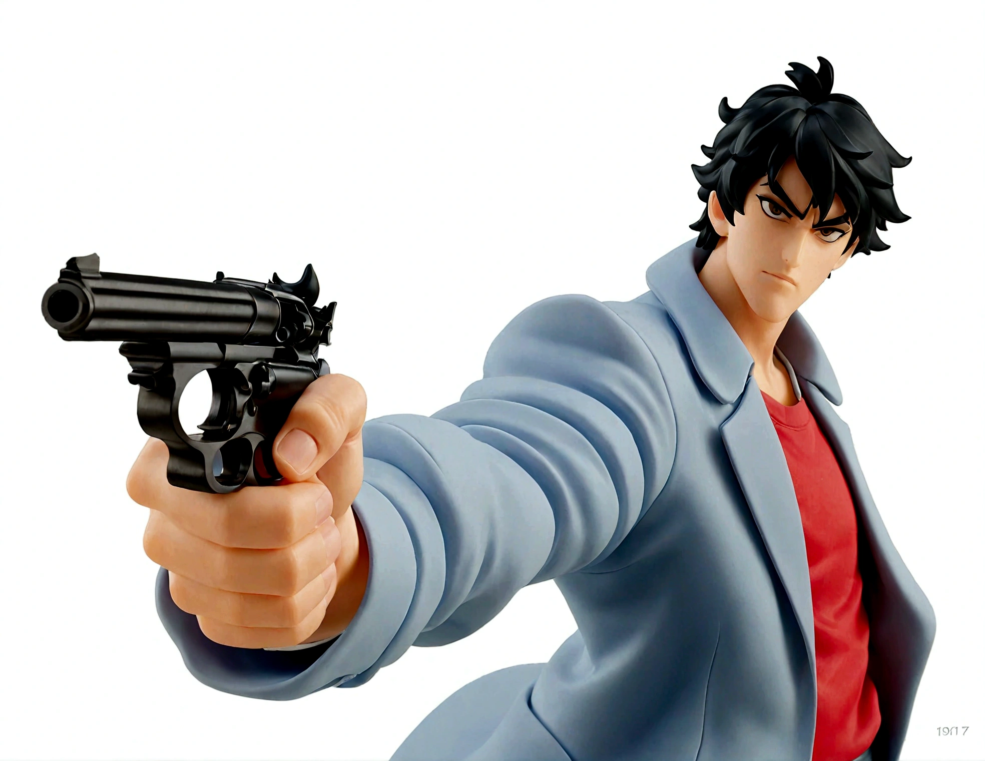 1boy,拿着gun,Blue coat,Red lining,Black Hainger on the trigger,gun,手gun,持gun,arms,Male focus,,solo