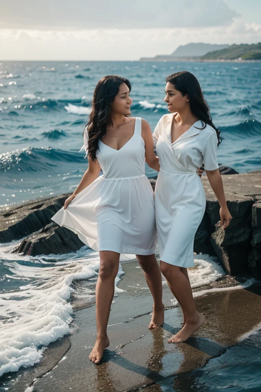 girl carry bride on beach