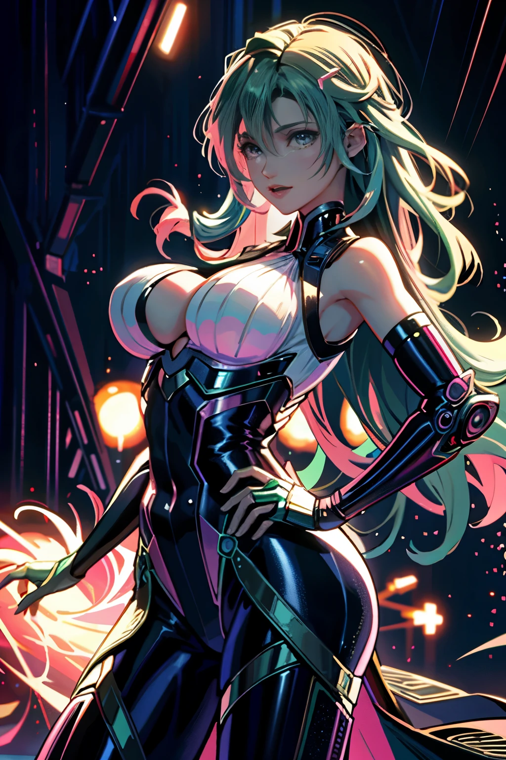 woman, Realistic characters, Green hair and pink hair, blue eyes, anime, alone, Modern, cyber punk, huge firm bouncing bust, dynamic sexy poses