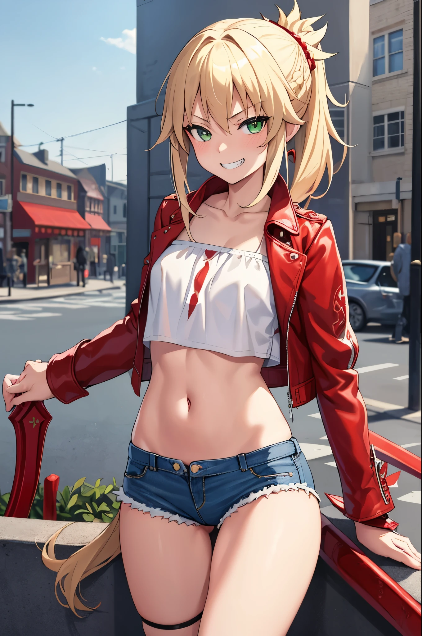 Masterpiece, Best Quality, illustration, city street, 1girl, Mordred \(fate\), cowboy shot, collarbone, Detailed blond hair ponytail braid, green eyes, Red leather jacket, White short blouse, denim shorts,navel,thigh-high,grin, covered_pussy,skiny,long_sword,