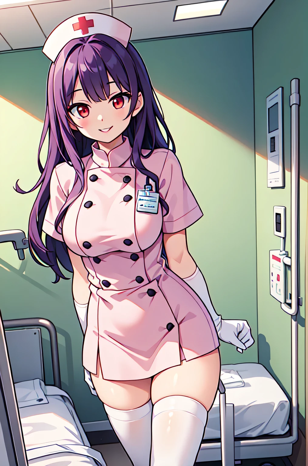1woman, solo, nurse, white nurse cap, white nurse uniform, ((white legwear, zettai ryouiki)), white gloves, long hair, purple hair, red eyes, pink lips, smile, standing, ((hospital room)), sharp outline, short sleeves, mature female, 35 years old, best quality, masterpiece