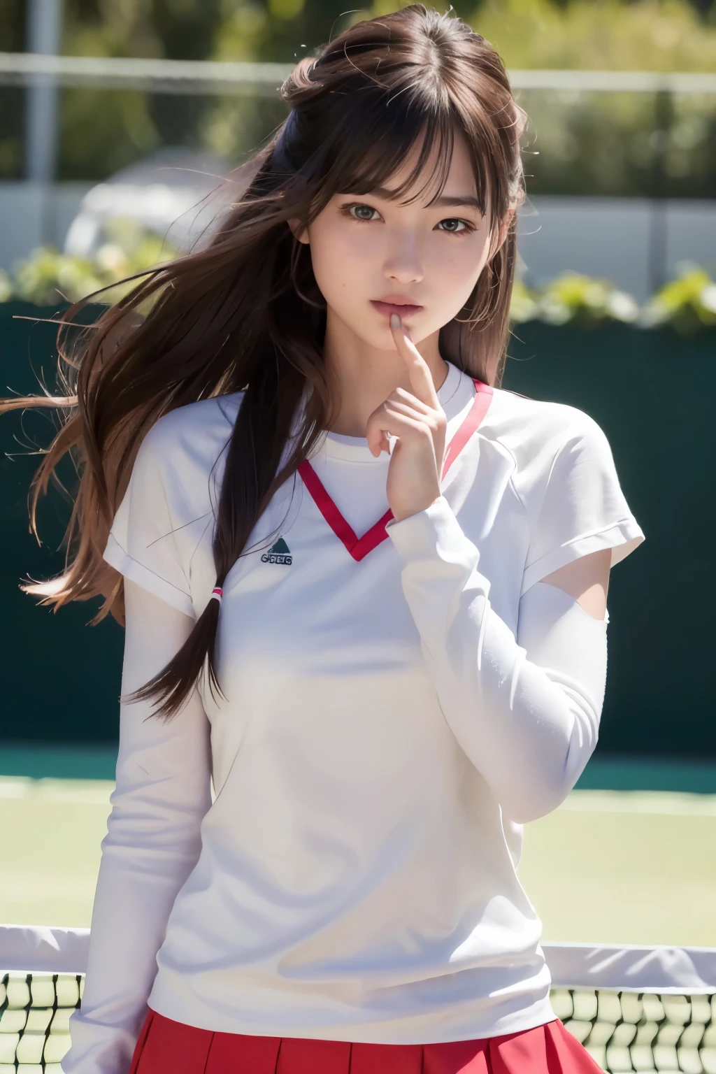 (8 thousand, best quality, masterpiece: 1.2), (realistic, realistic: 1.37), super detail, 1 girl, 20 years old, big, beauty, cute, laugh, alone, tennis wear, mini skirt, tennis court, racket, Tennis balls, (Redness of the nose), (laugh: 1.15), (keep your mouth shut), beautiful eyes, (long hair: 1.2), Floating Hair Novafrog Style, upper body