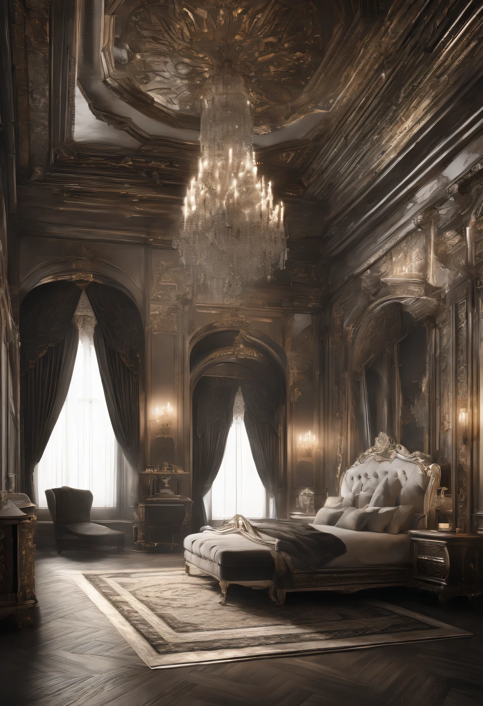 a beautiful detailed interior of a royal bedroom, white room, silver accents, ((well-lit environment)), fantasy, ornate furniture, candelabras, intricate moldings, velvet curtains, crystal chandelier, soft lighting, elegant decor, luxurious textures, antique mirror, plush carpet, high ceilings, dramatic shadows, opulent style, refined aesthetics, atmospheric lighting, opulent ambiance, sumptuous details, princely chambers, grandiose architecture, regal opulence, lavish design, sophisticated elegance