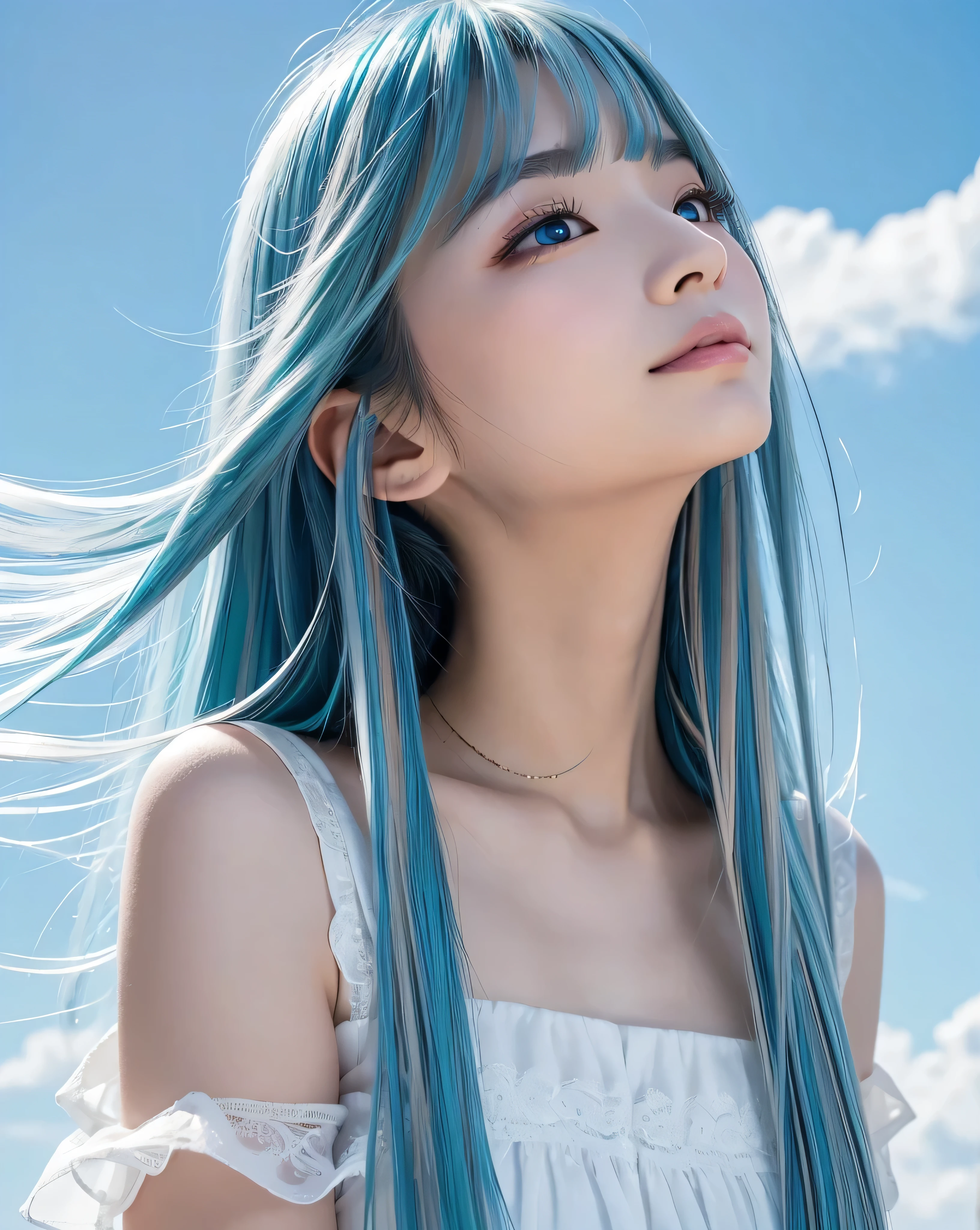 (highest quality, 32k, High resolution, Masterpiece:1.5, ), marimo_jet, god々A photograph with brilliant dazzling and healing power., Evoking a sense of calm and elusive beauty, Expressing emotions, Have a rich imagination,Beautiful Japanese Girls, An exceptionally beautiful face, Small Face Beauty, Perfect Human ???????, ((Looking up at the sky:1.4)), Magical big eyes, Motherhood and generosity, Deep Love, fleeting smile, ((Shiny light blue hair:1.3)), ((Super Long Straight Silk Hair)), Asymmetrical bangs, Hair between the eyes, Transparent, soft white skin, Sharp eyebrows, Thin lashes, Natural Makeup, Cheek highlighter, Pale pink detailed lips, , ((White dress:1.2)), High resolution perfect collarbone, High resolution beautiful bust, Slim figure with ample breasts, High resolutionの美しい太もも, ((Detailed blue sky background:1.3)), Dazzling Sun, Professional Lighting, Professional photographer, Professional models, God's Secret
