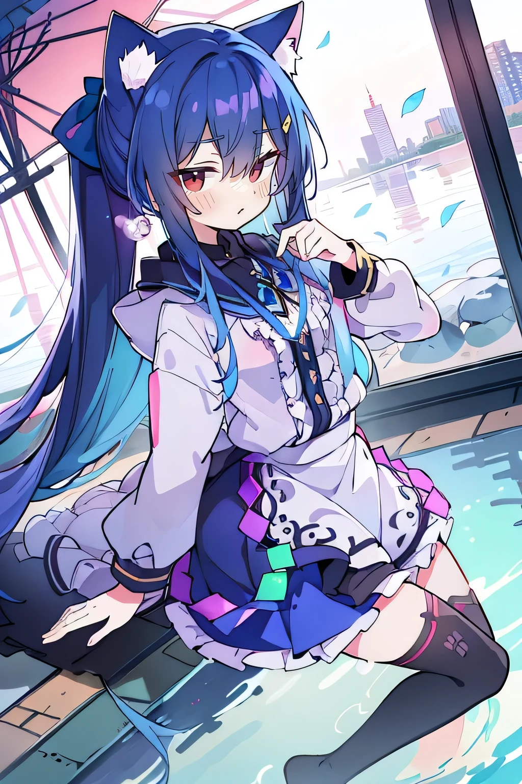 (masterpiece:1.2),Super detailed,lifelike,Expressive eyes,fair skin,perfect face shape,1 girl,
Japanese comics,Gorgeous blue hair,flowing blue hair,flowing clothes,Cat ears,Petals fall,beautiful lola,Baby Angel,
Shaking head with one hand,Cross your legs,Gentle and peaceful background,The pavilion is cool and comfortable,smile, wearing hoodie, background of tokyo,back views,snowing, winter,lie on the water,sunrise.(best quality:1.3), (masterpiece:1.3), (illustration:1.3), (ultra-detailed:1.3), (imid shot:0.9), 1girl, medium breasts, purple eyes, (((dark blue hair))), hair ornaments, young, outfit-gladiia, long hair, dark blue hair, indoors, black shorts, thigh-highs, low ponytail, expressionless, upper body, close up, coat, skirt,