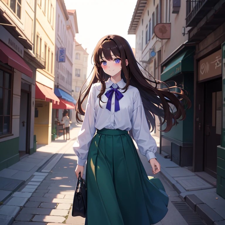 (masterpiece), best qualtiy), ultra-detailled, illustration, 1 girl, 1boy, girl has long brown hair and purple eyes, wears long Blue skirt, boy has short brown hair and green eyes, beautiful eyes, boy wears , holding hands, girl blush face, boy shy smile on his face, walking in the street, sunny day