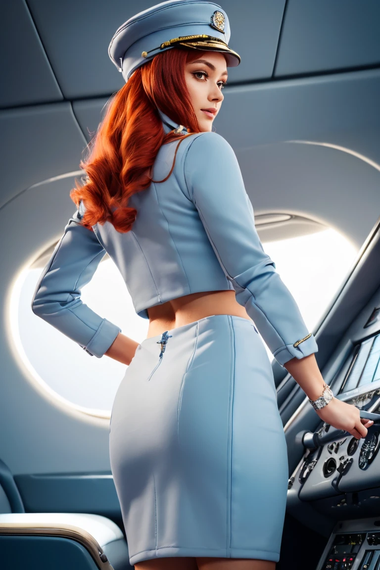 (ultra-detailed, best quality, 4k, highres, top quality, masterpiece:1.3), f/2.8, 50mm, Leica, stunning pilot, beautiful Scottish woman, tall and slender, flowing hair, (redhead:1.5), detailed eyes, detailed face, detailed lips, captivating, flirting with the camera, provocative uniform, (light blue:1.5), tight blouse, sleeveless, cleavage, (tiny pencil skirt:1.5), st3w4rd3ss, uniform, lapel, (garrison cap:1.5), name tag, cuffs, radiant smile, (inside sleek private jet:1.5), (entering cockpit:1.5), model poses, sophisticated, professional appearance, elegance, ((intricate detail, rear view:1.5)), skin pore texture, photo, cinematic, full body, (realistic, photo-realistic:1.33), natural light, depth of field, film grain, sharp, detailed and realistic woman, ruffled lips soft natural light, detailed hands, detailed fingers, portrait photography, photorealism, super detailed, intimate portrait composition, dimly lit, rim lighting, (Muscular:1.3), (athletic body:1.4), (abs:1.3), perfect fit body.