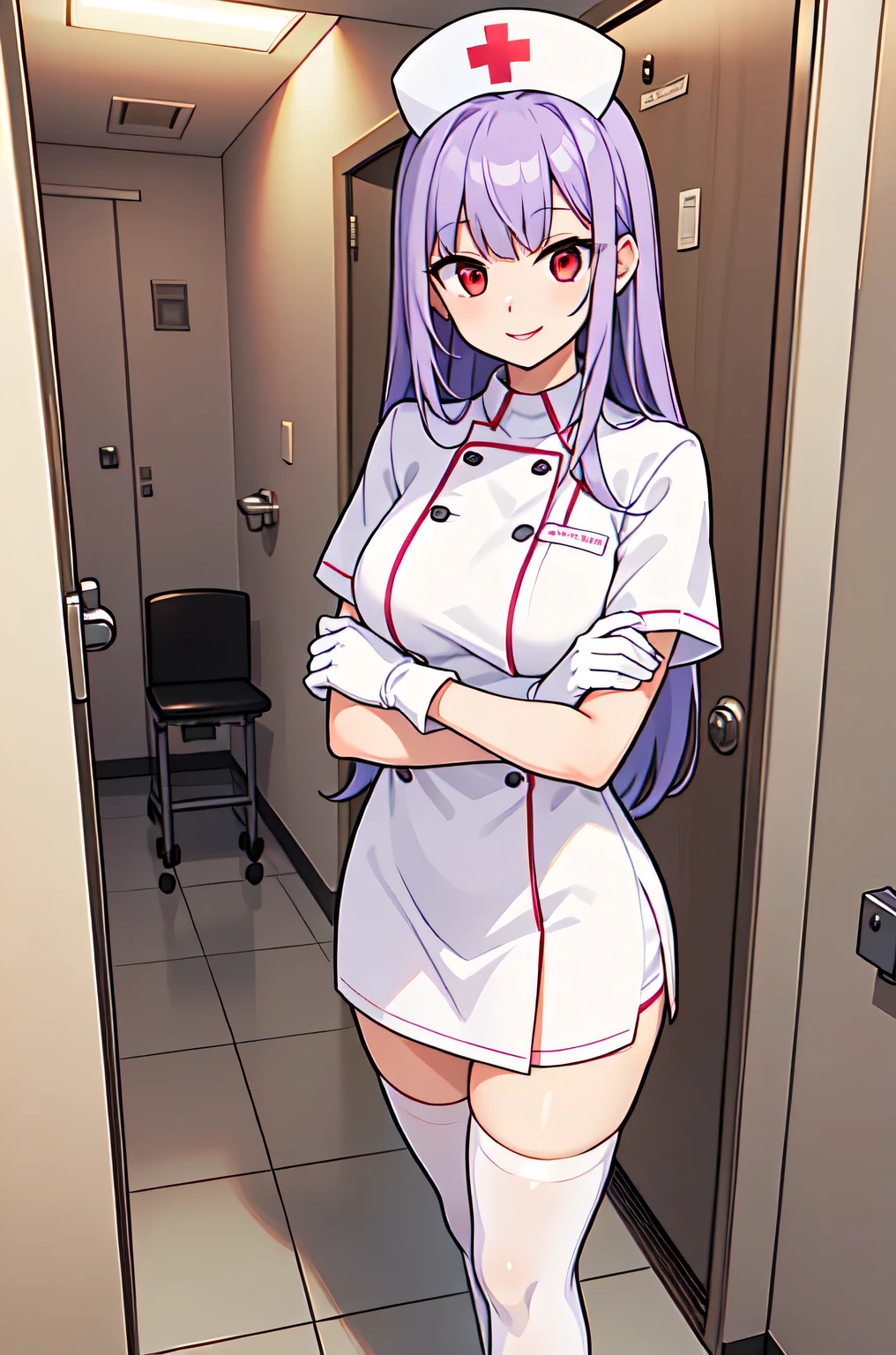 1woman, solo, nurse, white nurse cap, white nurse uniform, ((white legwear, zettai ryouiki)), white gloves, long hair, purple hair, red eyes, pink lips, smile, standing, ((hospital room)), sharp outline, short sleeves, mature female, 35 years old, best quality, masterpiece