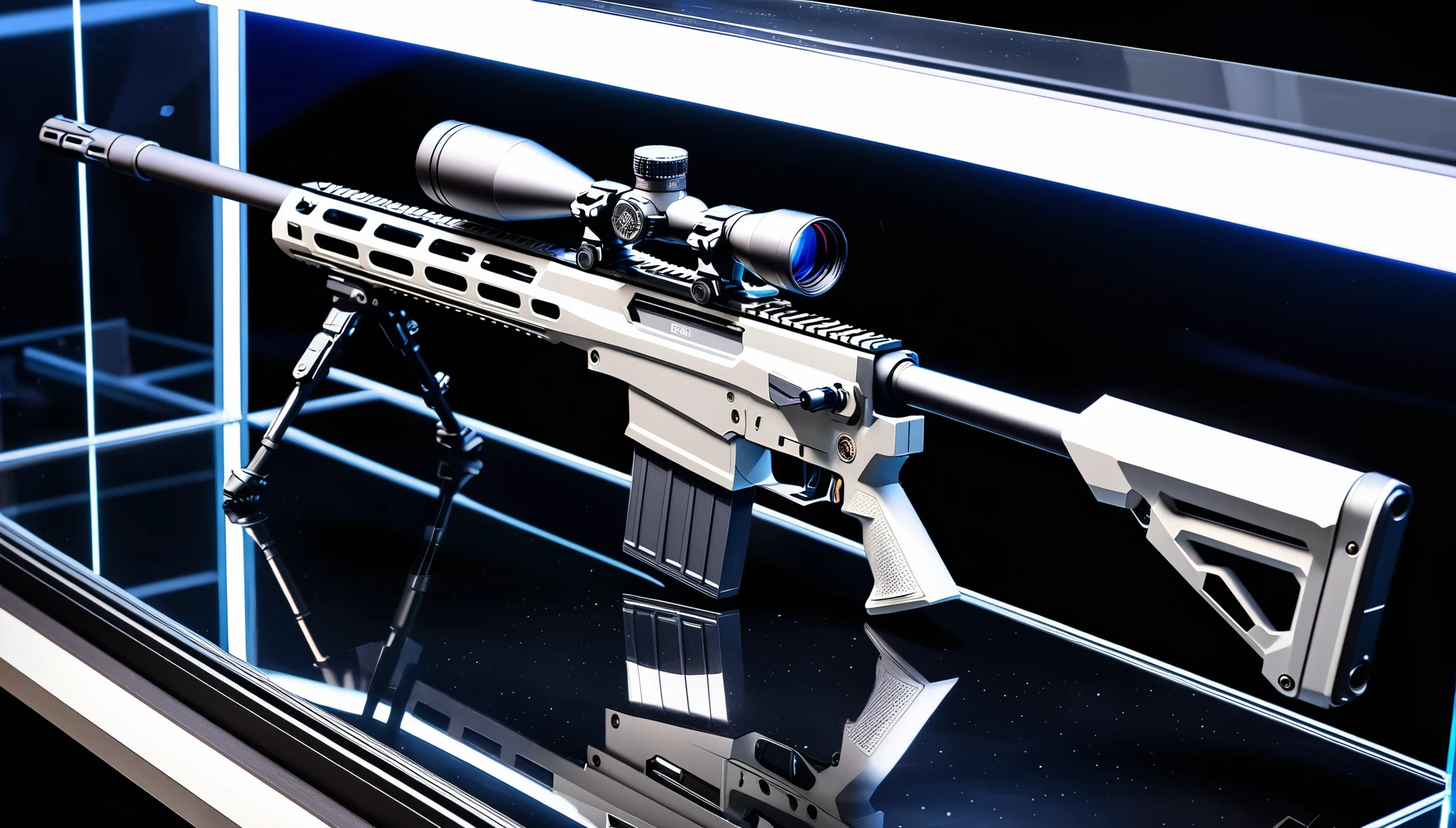 (8k, best quality, masterpiece:1.2),Excellent contrasting colors,Near future fantasy,(High-end gaming equipment with a sci-fi feel：1.5),(A silver-gray charged sniper rifle:1.3),Anti-equipment,((Using the Barrett M82 sniper rifle as a prototype firearm:1.3)),future technology,(Reflective metal material),[Blue particles｜Flowing Arc]Glowing part of the gun,(Black grey handle:1.2),((This weapon hangs in a display case:1.35)),