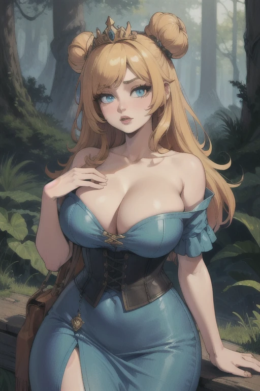 ((Best quality)), ((Masterpiece)), (detailed), perfect face perfect figure, Middle Ages, forest background, 26 year old, Scandinavian woman, Princess, Golden hair, bun-like hairstyle, bright blue eyes, pale skin, large breasts, tight blue dress, off shoulder, corset, cleavage, diamond tiara, high resolution, (ultra-detailed), (best illustration), (best shadow), (absurdres), (perfect hands, perfect anatomy), (4k textures), epic artistic, sharp focus, even lighting, insane details, intricate details, hyperdetailed, rich colors,