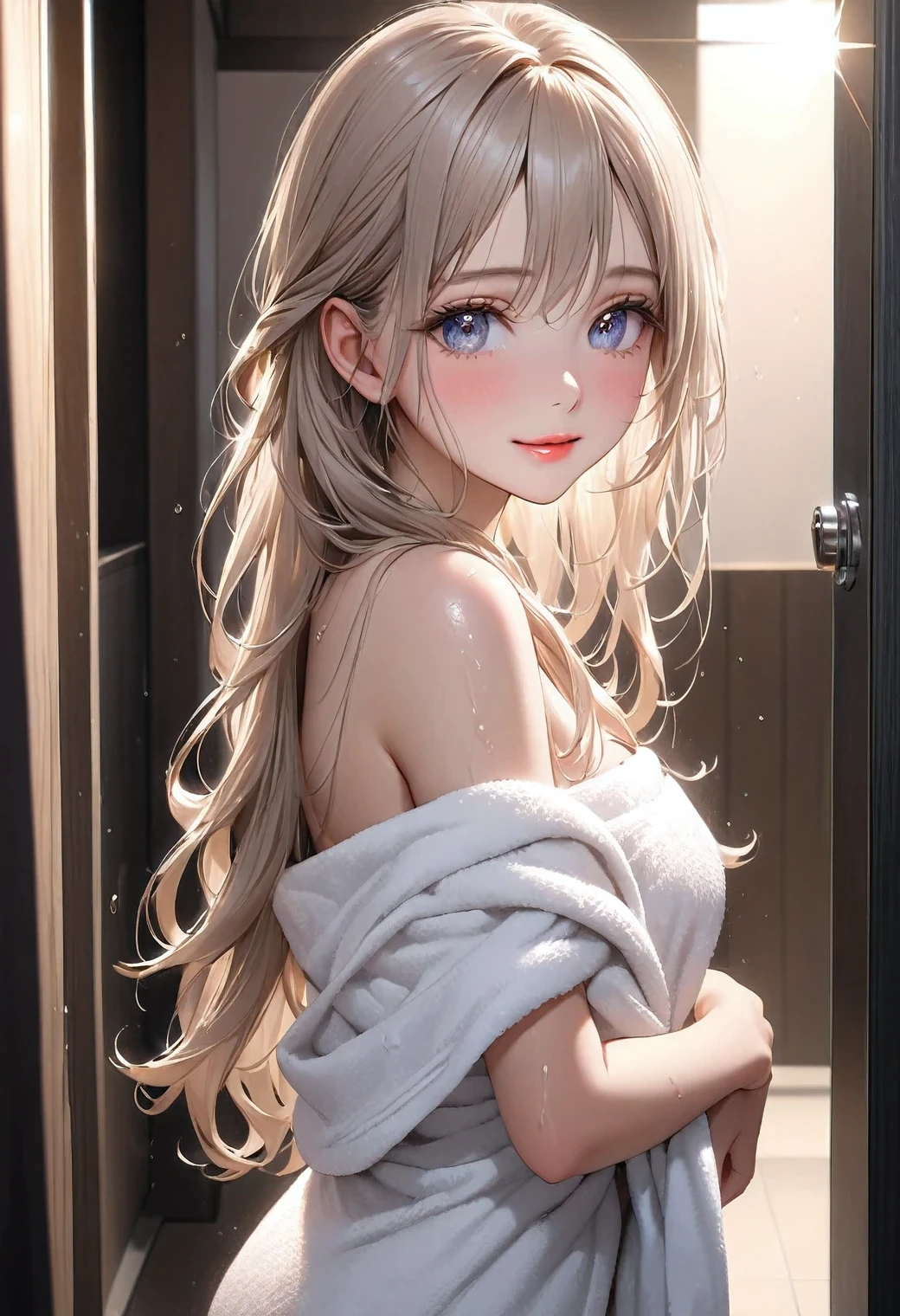 Masterpiece:1.2, Top quality, 16k, High resolution, Super realistic, Beautiful super detail, Photorealistic:1.37, Beautiful and cute girl, After taking a bath, Standing in the changing room, wearing bath-towel, bare shoulder, Wet hair, Beautiful and delicate long hair, Eyelashes, beautiful and delicate eyes, sparkling eyes, beautiful and delicate lips, shining lips, beautiful and delicate dress, gentle smile,