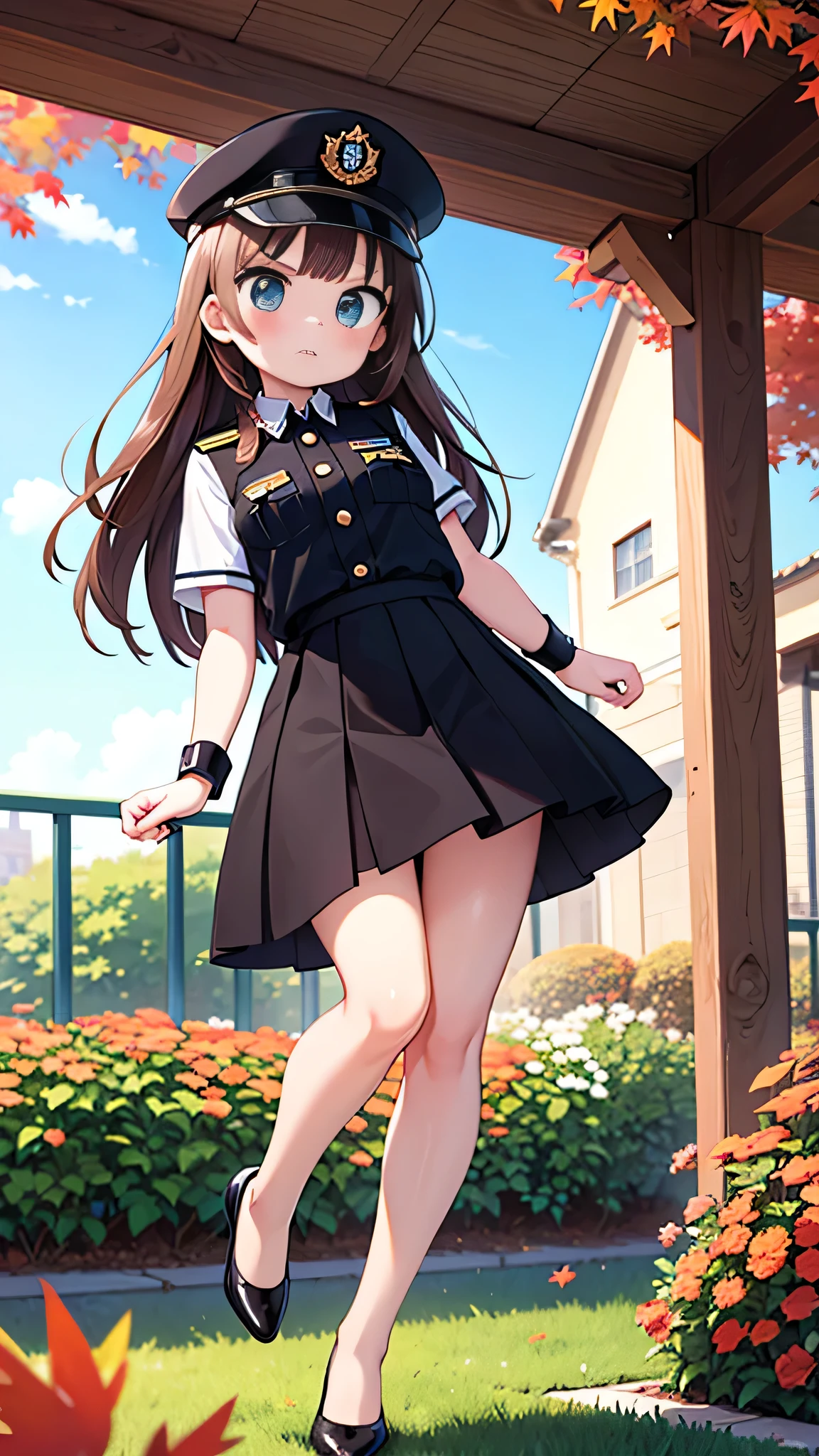 (masterpiece) {highest quality], [Super beautiful], [Ultra fine], [Best illustration], NSFW,Brown Hair, Princess Cut, Long Hair, With bangs, girl, Uniform cap,Security uniform,Straight Skirt,Angry face, blush, Slender women, (Public）garden, diagonal, From diagonal, Bare feet and pumps, Plain black pumps,fall on one&#39;s butt