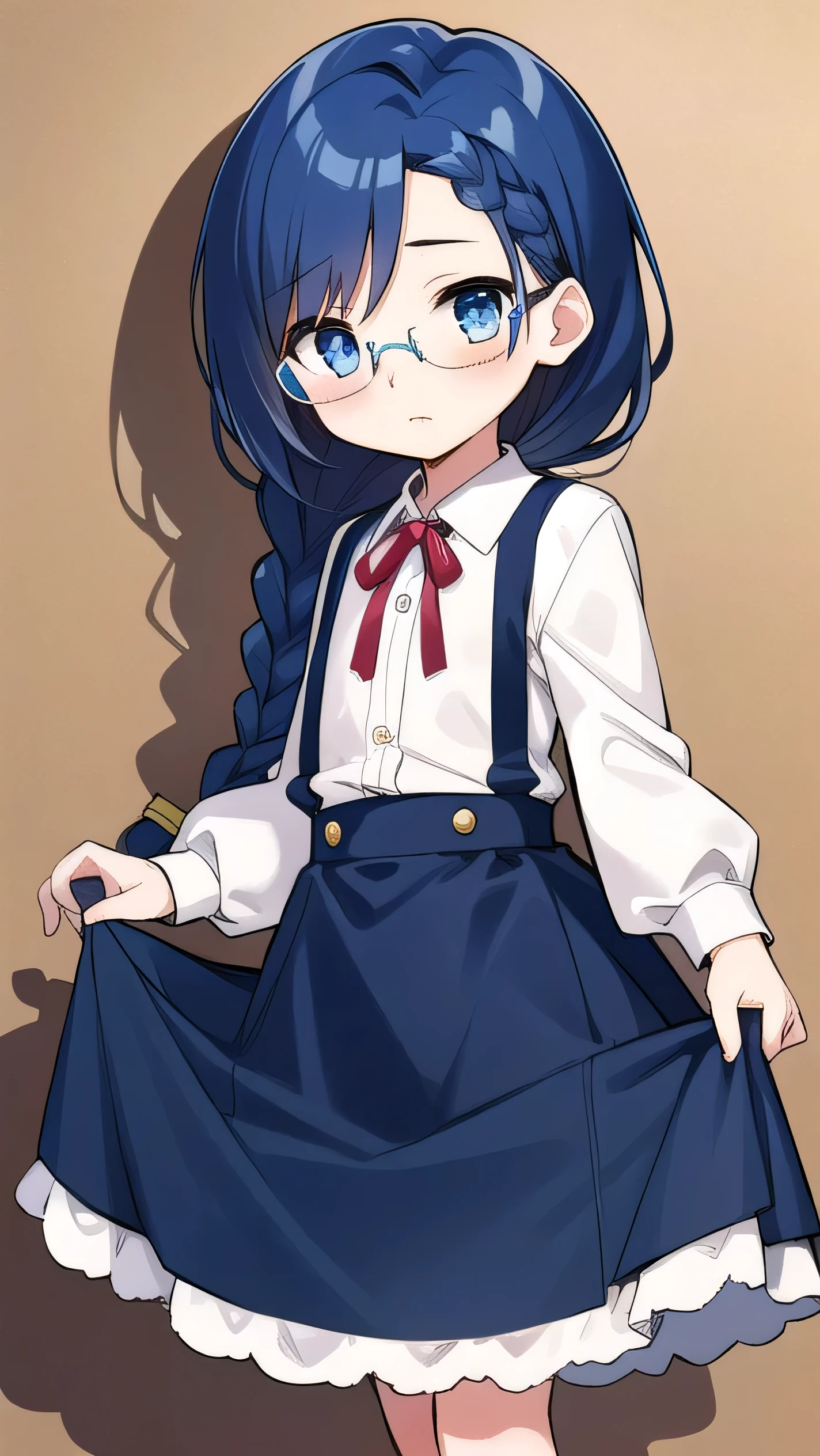 short, , blue hair, single braid, blue eyes, round eyes, shy, shy, , short, young face, short height, , glasses with no edges,flat chest,1girl,long hair,Long sleeves, cute clothes, fancy clothes, long skirts,