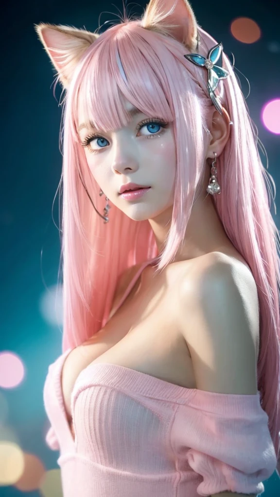 {{masterpiece}},{{highest quality}},Bokeh,Consciousness upward,1 perfect portrait of a girl, A fascinating eye for perfect detail), Colorful Hair, (pink soft hair:1.6), (Cat ear:1.3),Slim and tall figure, Fantasy purple background, {Exposed bare shoulders},{Long-term alienation_sleeve}, {Lean forward slightly}, If you look up,hair ornaments,{shy},Please keep your mouth shut, Tilt your head,{Small breasts} ,Cinema Lighting,Larger clothes, ((Seductive pose)), Bright Blue Eyes, Crying face Tears are coming out of my eyes
