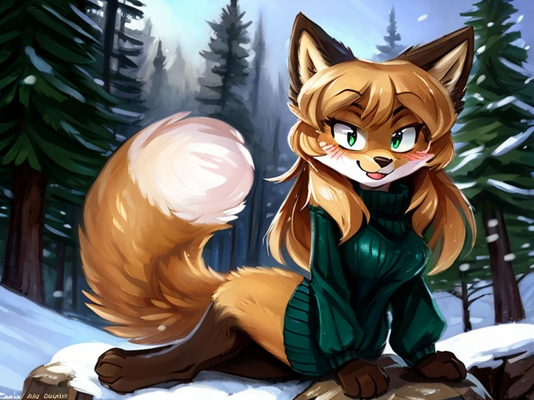 uploaded the e621, beautiful and detailed, woman (((female))) ((anthro)) Fox, (Averi, Fox girl), cinematic lighting, Fox, (anthro, fluffy fur), anthro fox girl, body fur, curvy, sexy, nice, cute, hot, comfortable anime-style cartoon-style, digital drawing, SFW, flat chest, chest fluff, blushing, green eyes, sassy, sassy hips, cute friendly smile, snow, forest, heart, hearts, speech bubble, looking at viewer, close up, sitting, sitting on a rock, by Kenket, by zero-sum, green sweater