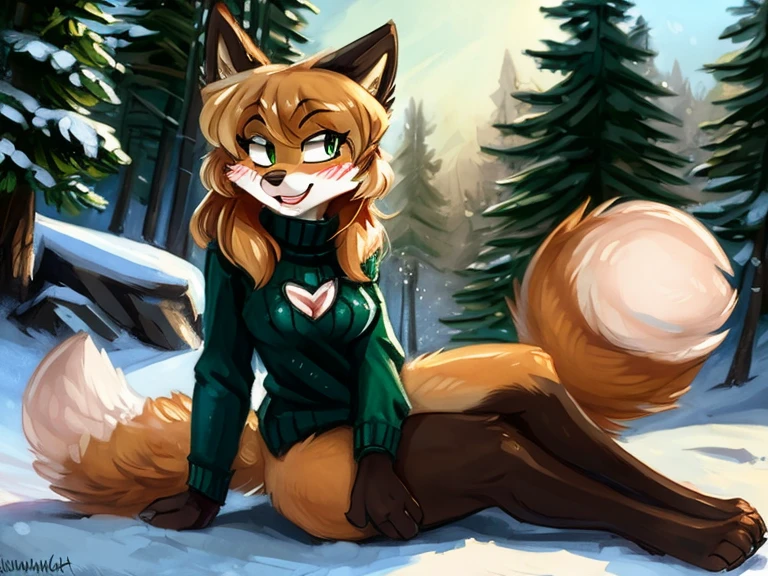 uploaded the e621, beautiful and detailed, woman (((female))) ((anthro)) Fox, (Averi, Fox girl), cinematic lighting, Fox, (anthro, fluffy fur), anthro fox girl, body fur, curvy, sexy, nice, cute, hot, comfortable anime-style cartoon-style, digital drawing, NSFW, pussy, tits, chest fluff, blushing, green eyes, sassy, sassy hips, cute friendly smile, snow, forest, heart, hearts, speech bubble, looking at viewer, close up, crouching, low angle view, Ross Tran, ruan jia, by Kenket, by zero-sum, spread legs, worm's eye view