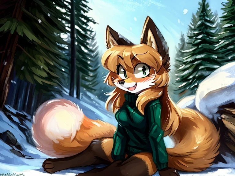 uploaded the e621, beautiful and detailed, woman (((female))) ((anthro)) Fox, (Averi, Fox girl), cinematic lighting, Fox, (anthro, fluffy fur), anthro fox girl, body fur, curvy, sexy, nice, cute, hot, comfortable anime-style cartoon-style, digital drawing, SFW, flat chest, chest fluff, blushing, green eyes, sassy, sassy hips, cute friendly smile, snow, forest, heart, hearts, speech bubble, looking at viewer, close up, sitting, sitting on a rock, by Kenket, by zero-sum, green sweater