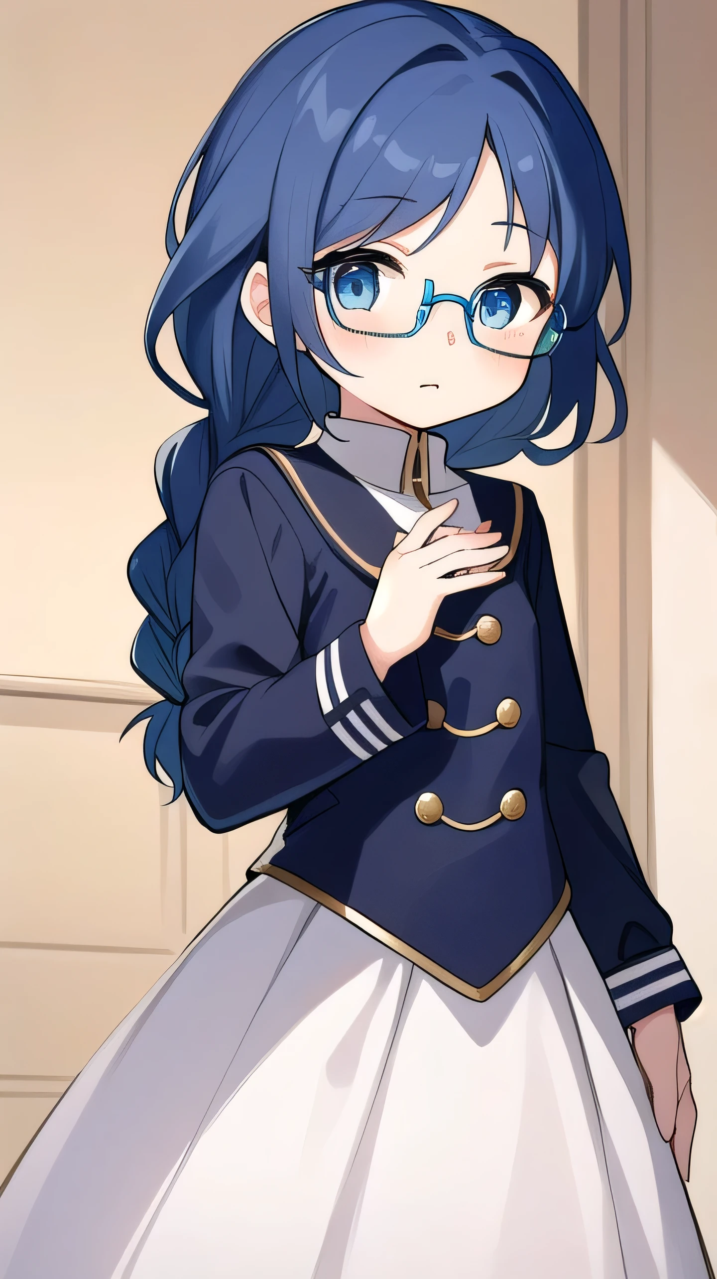 short, 12 years old, blue hair, single braid, blue eyes, round eyes, shy, shy, , short, young face, short height, , glasses with no edges,flat chest,1girl,long hair,Long sleeves, cute clothes, fancy clothes, long skirts,