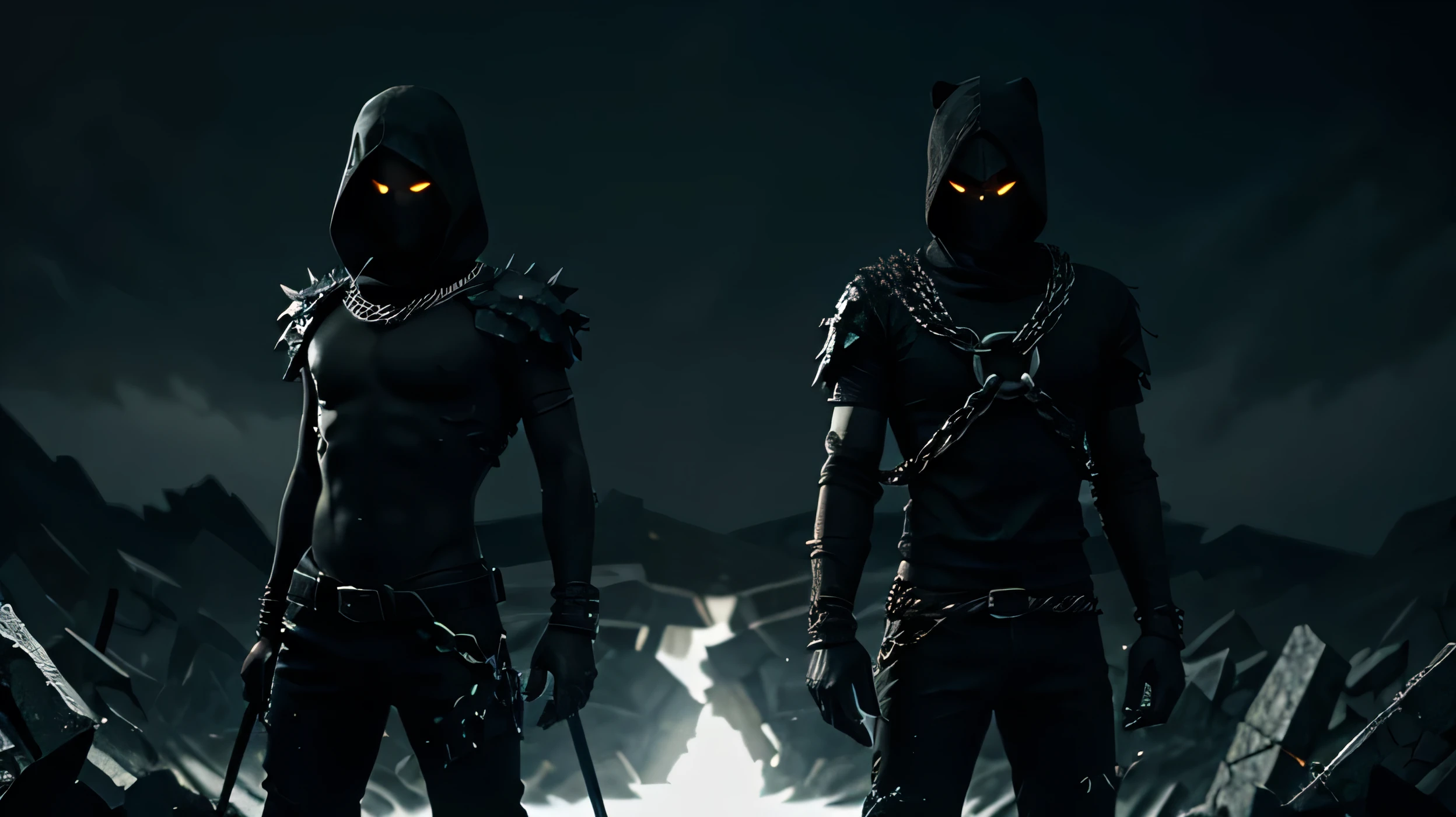 Two individuals stand back-to-back, surrounded by a jagged dark aura and separated by a broken chain, visually representing enemies.