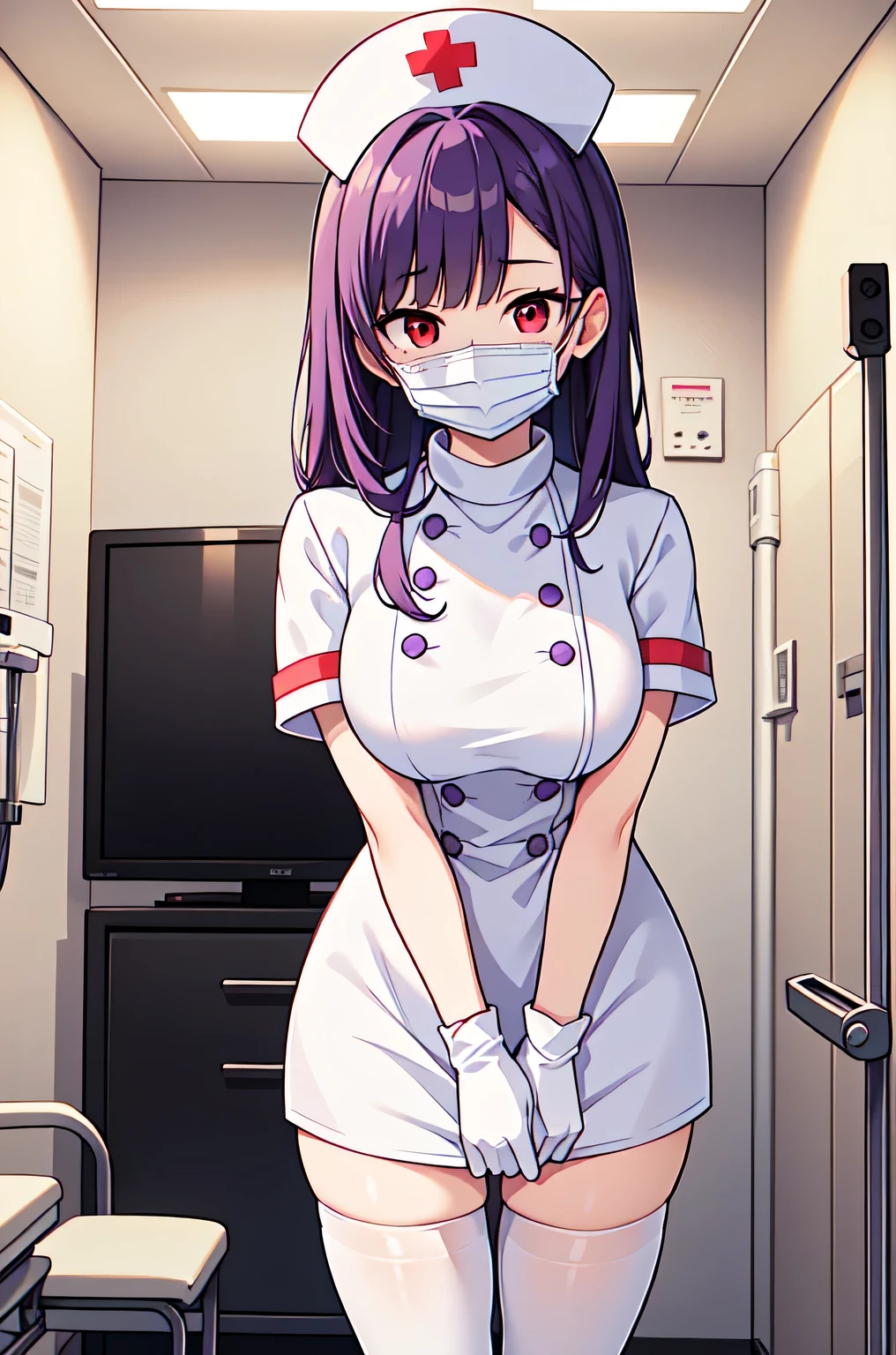 1woman, solo, nurse, white nurse cap, white nurse uniform, ((white legwear, zettai ryouiki)), white gloves, long hair, purple hair, red eyes, ((white surgical mask, covered nose)), standing, ((hospital room)), sharp outline, short sleeves, mature female, 35 years old, best quality, masterpiece