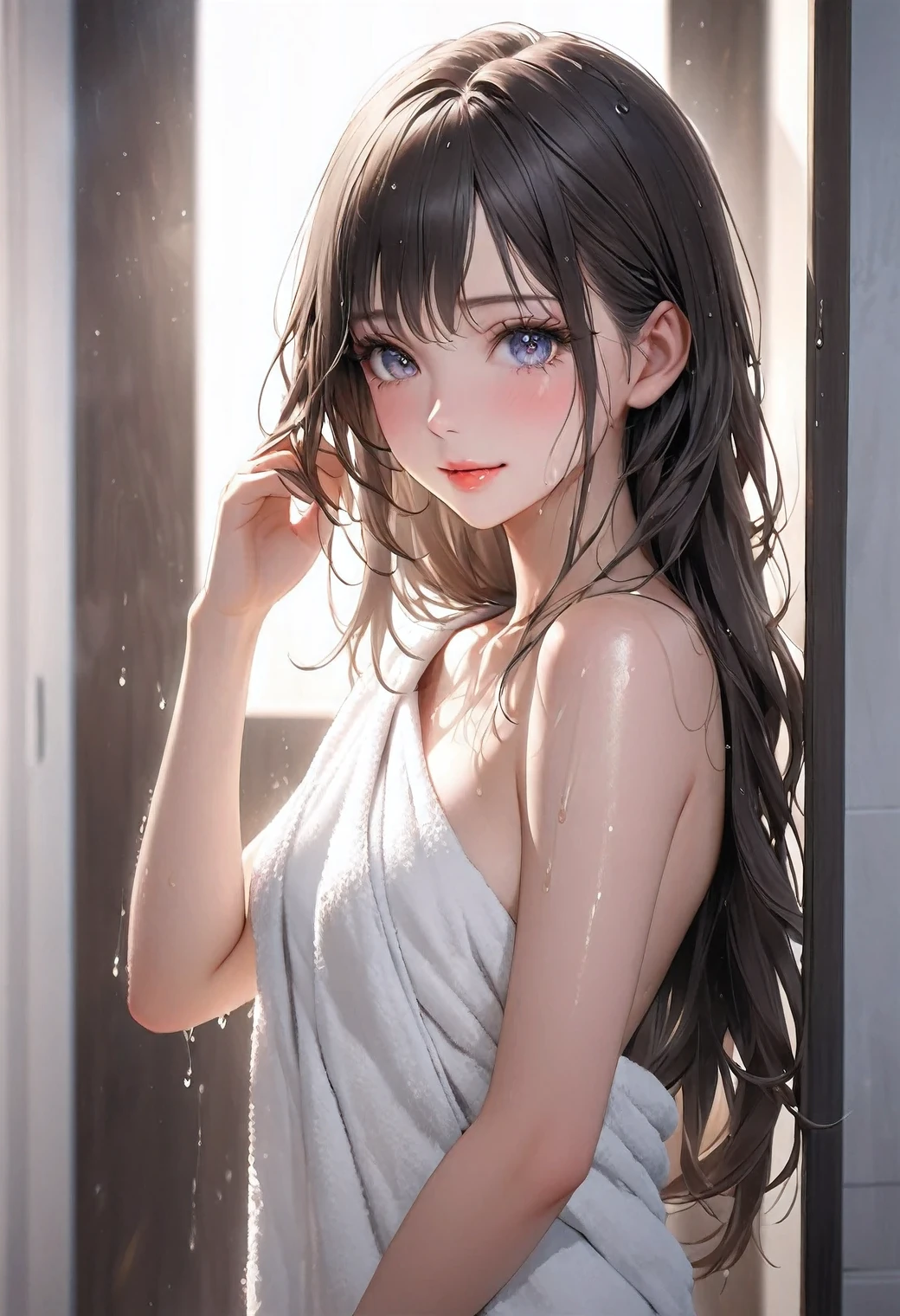 Masterpiece:1.2, Top quality, 16k, High resolution, Super realistic, Beautiful super detail, Photorealistic:1.37, Beautiful and cute girl, After taking a bath, Standing in the changing room, wearing bath-towel, single shoulder, Wet hair, Beautiful and delicate long hair, Eyelashes, beautiful and delicate eyes, sparkling eyes, beautiful and delicate lips, shining lips, gentle smile,