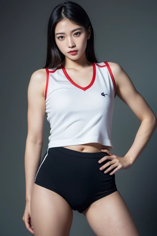 (Photoreal: 1.4), (Hyper-realistic: 1.4), (Realistic: 1.3), (Smooth lighting: 1.05), (Improved cinematic lighting: 0.9), 32K, 1 korean girl, 20 year old girl, black hair, Realistic lighting, Backlight, Face Light, raytrace, (Whitening light: 1.2), (Image enhancement: 1.4), ( Top quality real skins: 1.4), Narrow eyes, Fine face, Narrow eyes, (Body Line Mood Increase: 1.1), Oversized breasts, Big, (Skin Texture Enhancement Beauty: 1.1),Volleyball uniform:1.4, Indoor_Volleyball_court_Background:1.4, thighs thighs thighs thighs, Protruding , Crotch,