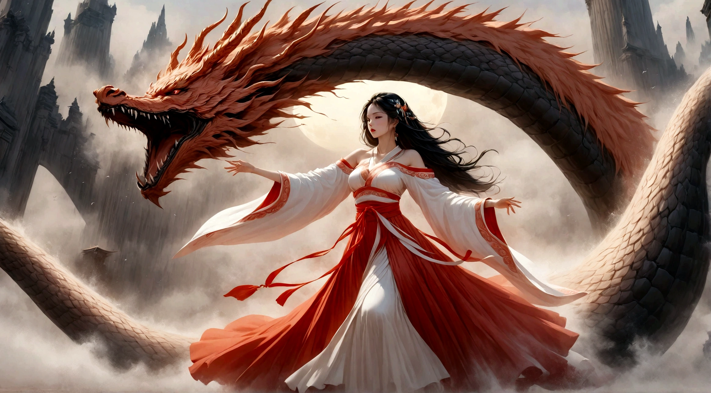 highest quality, Ultra-high resolution,A shrine maiden wearing red hakama is dancing in front of a giant dragon.、Dynamic Movement、Full moon night、Real、The dragon's head1t、竜の胴は一t、Fantasy、Five pillars of fire