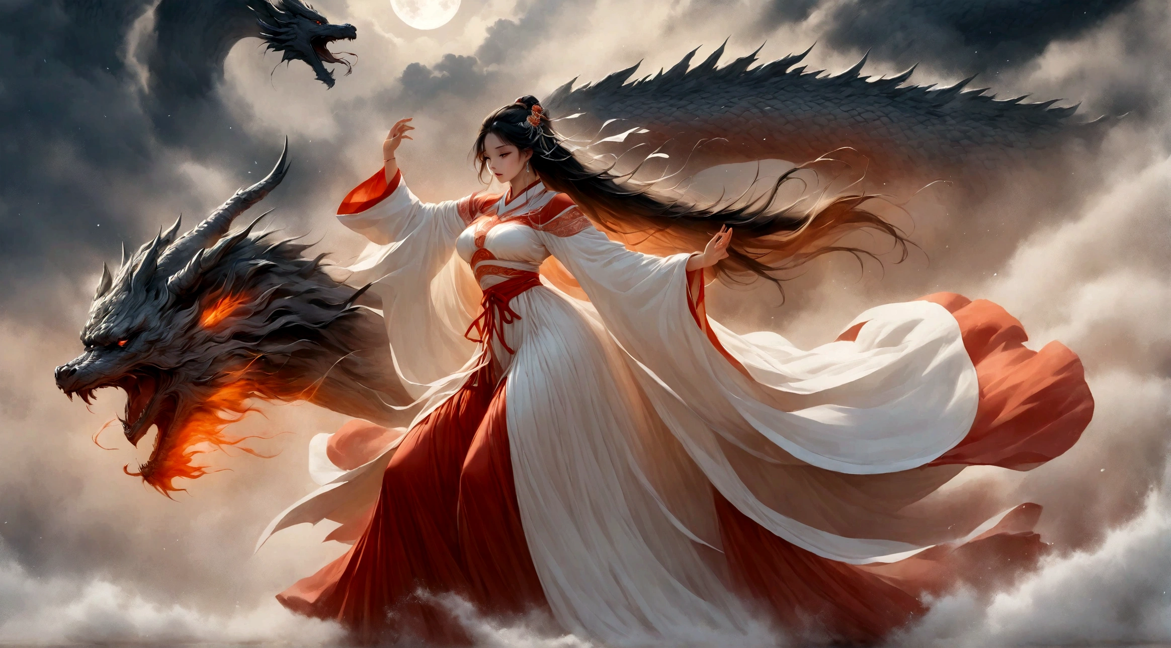 highest quality, Ultra-high resolution,A shrine maiden wearing red hakama is dancing in front of a giant dragon.、Dynamic Movement、Full moon night、Real、The dragon's head1t、竜の胴は一t、Fantasy、Five pillars of fire