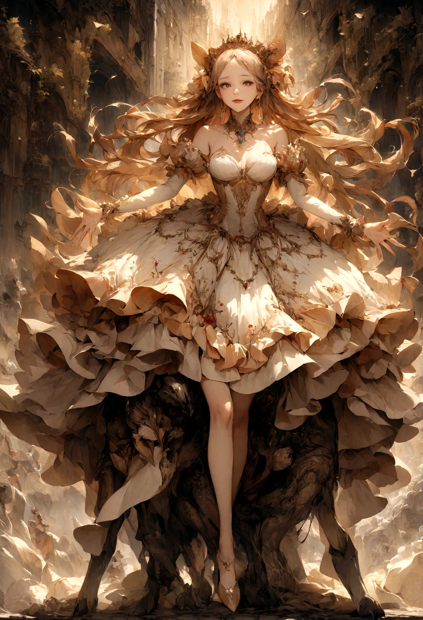 highest quality, masterpiece, Ultra-high resolution, Realistically, One girl, Head turned up, Hold with both hands,Stepping,Have fun,Laughing,Princess Dress