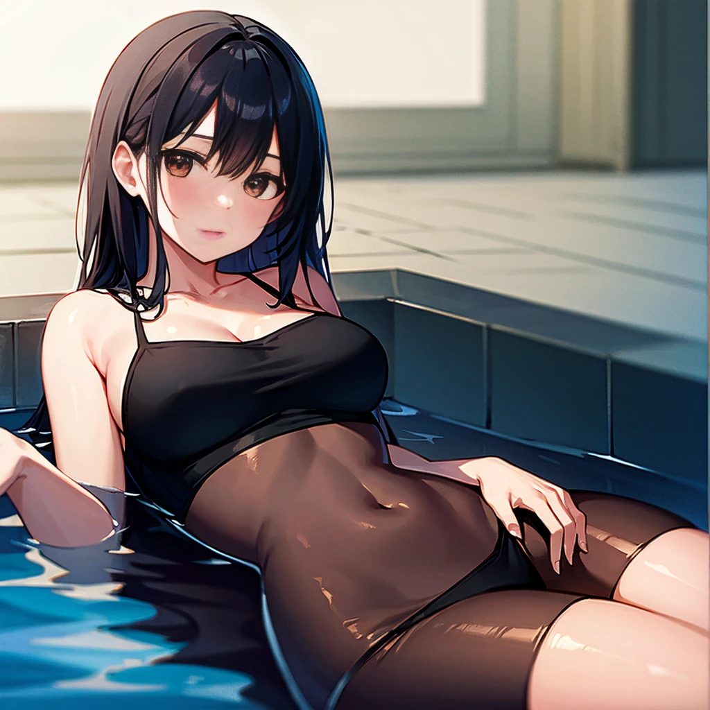 highest quality, outstanding details, super high resolution, (fidelity: 1.4), best illustration, favor details, 1girl with black straight hair, brown eyes, in the pool.