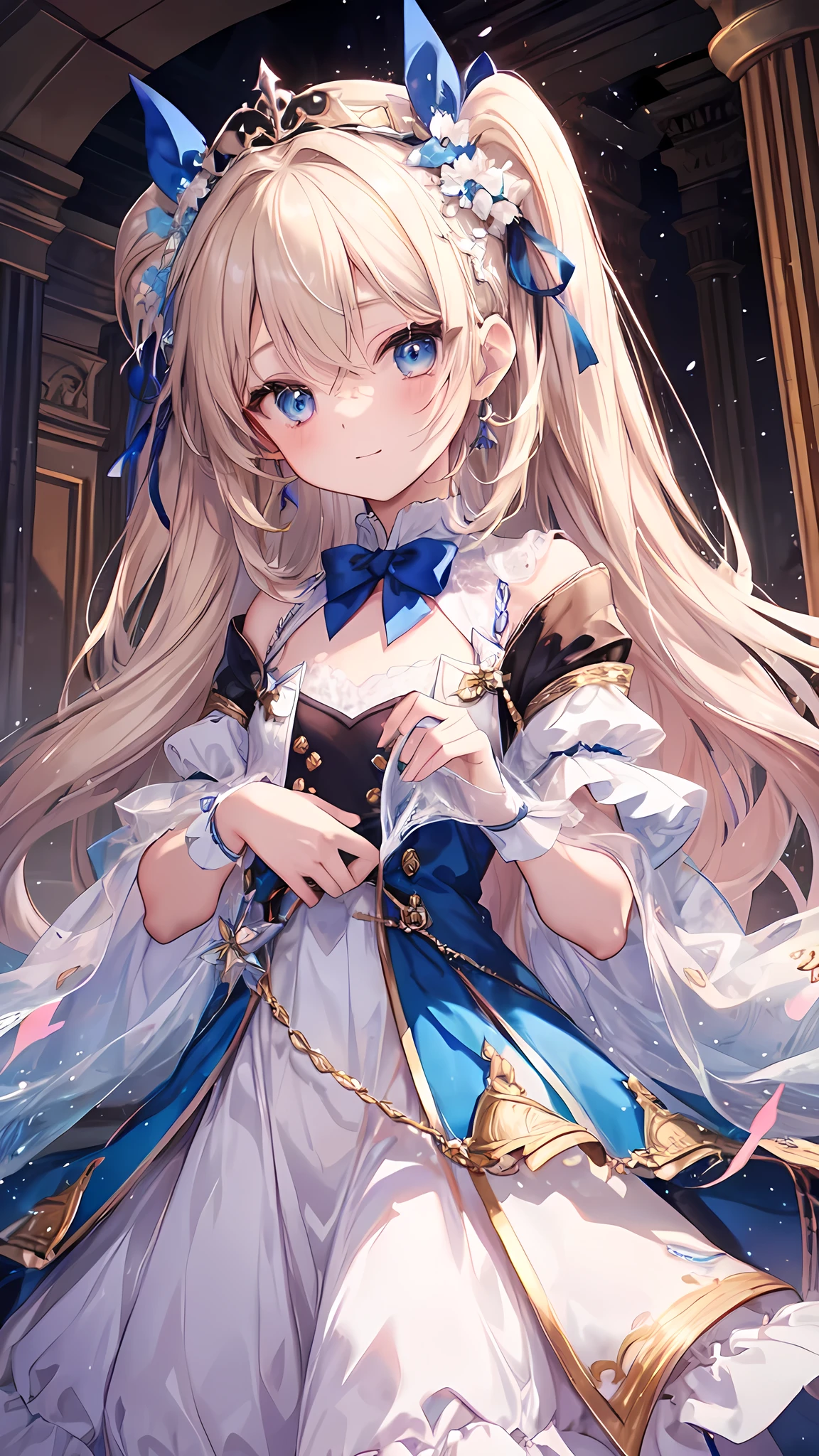 ((masterpiece, sidelighting, finely detailed beautiful eyes: 1.2)), ultra-detailed, ultra high res, professional lighting, high quality makeup, beautiful detailed eyes, sexy, beautiful, big eyes, drooping eye, ( girl:1.3), (elemen (Loli:1.3), (petite body:1.3), (flat chest:1.5), blush cheek, blush body, blue eyes, moist eyes, blonde hair, absurdly long hair, ahoge, twintails, blue and white princess gown, Extremely cute, (extremely detailed beautiful face), Authentic skin texture, beautiful hair, beautiful face, beautiful eyes, beautiful body, beautiful hands, smile, standing, (orgasm), (face focus:1.6)