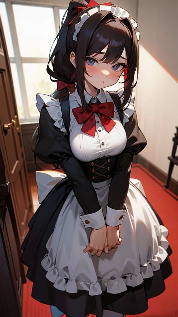 adulto, Cabello negro ondulado, mirada penetrante con ojos profundos de color rojo, estatura promedio, Silky hair with a ponytail hairstyle collected with a red bow with two white lines, tiene pechos medianos, primer plano, session, standing in the middle of his room [[[Risa malvada]]] , Sonrojada, muslos grandes, maid, sirvienta, nsfw, calzon blanco, raising her maid&#39;s skirt to show her panties to the camera 