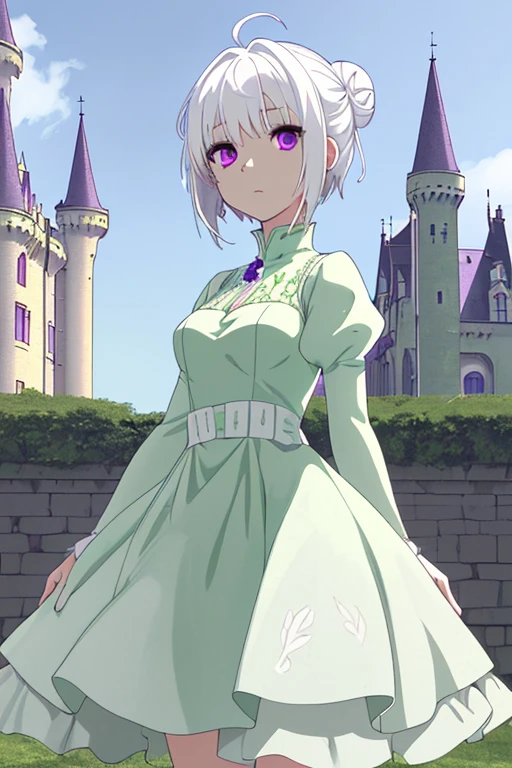 anime, 4k, HD, better quality, girl, white hair, purple eyes, green dress with white details, is standing in a castle, short hair, There's just one bun of hair