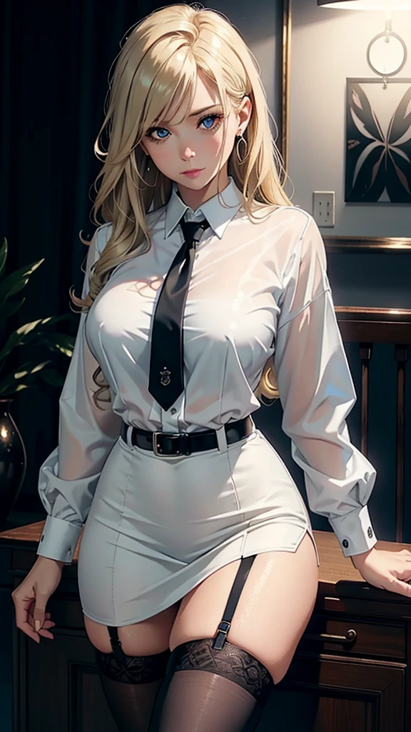 realistic, High resolution, soft light,1 female, alone, hip up, glowing skin, (detailed face),tattoo, jewelry, Secretarial Uniform, white shirt, black skirt, black stockings, garter belt, night, blonde hair, wavy hair, Beautiful Soldier, Eyes that invite the viewer, lover's perspective, an inviting look, sexy smile, perfect style, perfect balance, fine skin, naughty look, I can see your chest