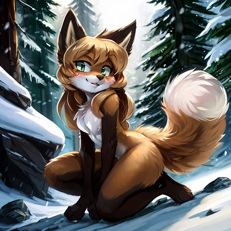 uploaded the e621, beautiful and detailed, woman (((female))) ((anthro)) Fox, (Averi, Fox girl), cinematic lighting, Fox, (anthro, fluffy fur), anthro fox girl, body fur, curvy, sexy, nice, cute, hot, comfortable anime-style cartoon-style, digital drawing, NSFW, pussy, tits, chest fluff, blushing, green eyes, sassy, sassy hips, cute friendly smile, snow, forest, heart, hearts, speech bubble, looking at viewer, close up, crouching, low angle view, behind view, looking back at viewer, leaning over a rock, Ross Tran, ruan jia, by Kenket, by zero-sum