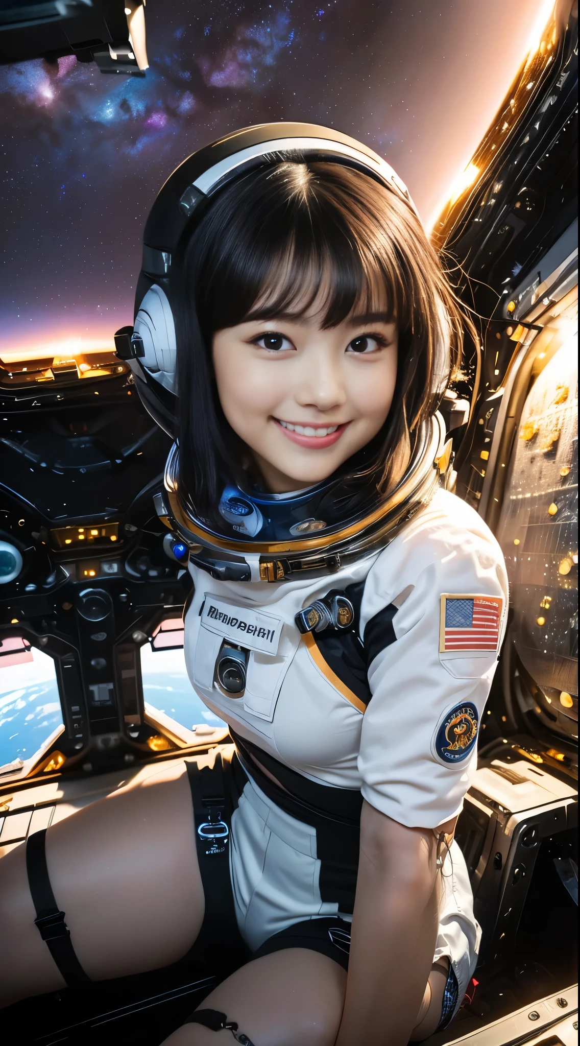 （8k、Raw photography、highest quality、masterpiece：1.2),(Black Hair、Dark Eyes:1.9),(Spacesuit:1.6)、View your audience,Viewed from the front,White skin,(:1.6)、(Tight waist:1.6)、(Clothes that accentuate the shape of the breasts:1.0)、(Big Breasts :1.3)、Slim figure、Ultra-high resolution,beautiful,beautiful fece,(one person、No background:1.9),whole bodyボディー,Japanese women,（reality的：1.37）、Photon Mapping,reality、(Baby-faced and cute: 1.4)、(Cute Smile: 1.8)、(Round face: 1.8)、Radio City、Physically Based Rendering、Depth of field rally background、photograph, (I can see your knees、Thigh close-up:1.8),（:1.6）,whole body、Great quality